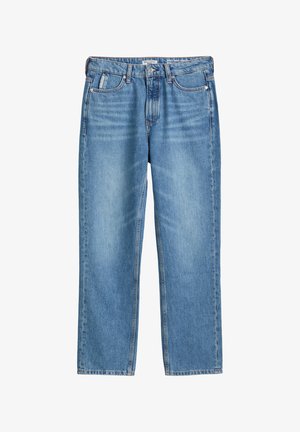 Jeans in denim azzurro chiaro con gamba dritta, cinque tasche, cuciture visibili e chiusura a bottone in vita.
