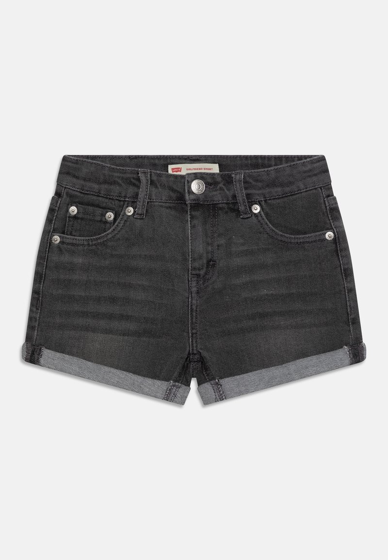 Shorts girlfriend en denim noir avec ourlet roulé, fermeture par bouton et poches avant et arrière, posés à plat sur fond blanc.