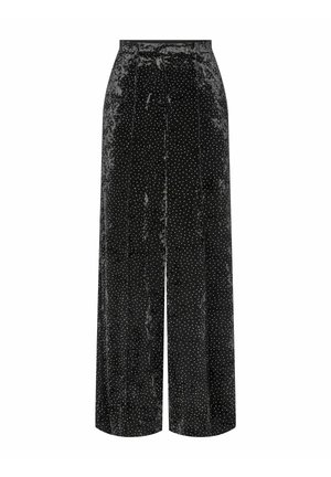 Zwarte fluwelen wijde broek met witte stippen, met een hoge taille en verticale plooien voor textuur en flow.