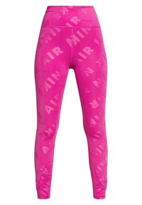 Leggings rosa con finitura lucida, caratterizzati da un motivo di testo "AIR" su tutta la superficie in tonalità contrastanti. Design a vita alta e lunghezza alla caviglia.