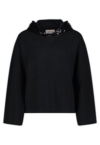 Felpa nera oversize con cappuccio di paillettes nere, maniche lunghe e materiale di cotone morbido. Presenta una vestibilità rilassata e un design minimalista.