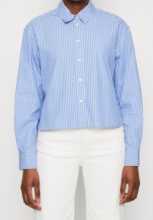 Blue and white vertical striped button-up shirt with long sleeves, worn with white pants, shown from neck to hips.
