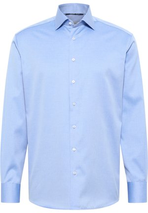 Light blue long-sleeve button-up shirt with a spread collar, made from a smooth fabric. Features a straight hem and white buttons.