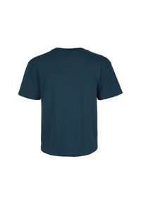 Camiseta de manga corta de tela de algodón en tono azul oscuro, con cuello redondo y un corte relajado. Sin marcas ni patrones visibles.