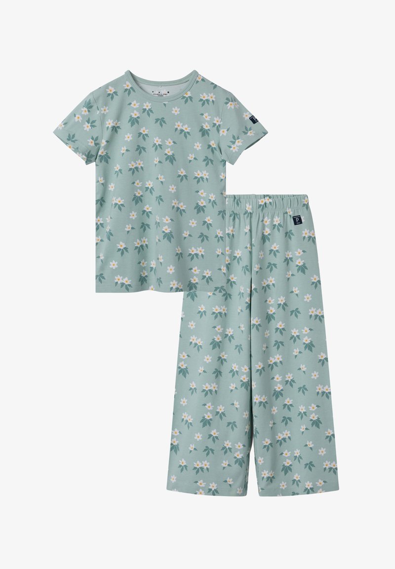 Lichtgroene set met een top met korte mouwen en een broek met wijde pijpen. Beide hebben een bloemenpatroon in wit en donkergroen, gemaakt van zachte stof.