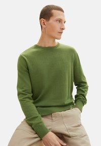 Grön stickad tröja med rund halsringning och ribbade ärmar, i kombination med ljusbeiga byxor. Mjuk textur och enkel design.