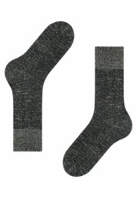 Dunkelgraue Socken aus einem strukturierten Strickstoff. Sie verfügen über einen kontrastierenden gerippten Bund und einen glatten Zehenbereich. Nahtloses Design.