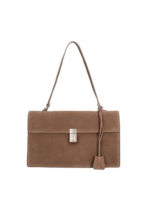 Brown suede handbag with flap, silver rectangular clasp, single shoulder strap, and attached tassel detail on a white background.