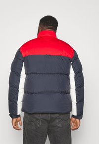 Muž oblečený v péřové bundě s červenou horní částí, námořnickou střední částí a rukávy, bílé vertikální pruhy na rukávech, stojící zády k nám.