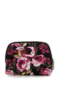 Textiel cosmetica pouch met een zwarte achtergrond, versierd met levendige roze en witte rozen, groene bladeren en een ritssluiting.