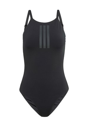 Maillot de bain noir une pièce avec des bretelles ajustables, doté de trois rayures verticales gris foncé sur le devant et d'une texture lisse et élégante.