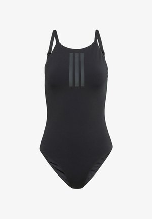 Maillot de bain noir une pièce avec des bretelles ajustables, doté de trois rayures verticales gris foncé sur le devant et d'une texture lisse et élégante.
