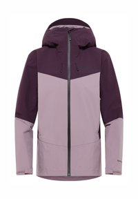 Giacca impermeabile da uomo con un design viola e lavanda, dotata di una chiusura a zip frontale, cappuccio regolabile e polsini elastici per una vestibilità sicura.