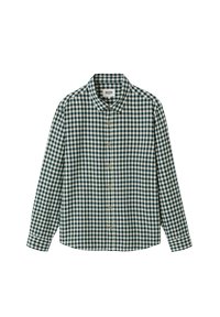 Chemise à carreaux gingham en vert foncé et crème, avec un col boutonné et des boutons sur le devant, fabriquée en tissu de coton.