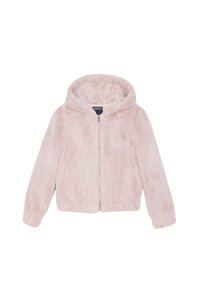 Chaqueta de piel sintética rosa claro con capucha, cierre de cremallera en la parte delantera y elástico en el dobladillo. Presenta mangas largas y una superficie suave y texturizada.