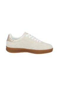 Hellebeige Wildleder-Sneaker mit weißen Schnürsenkeln, einem strukturierten Absatzakzent und einer braunen Gummisohle. Verfügt über ein geschmeidig abgerundetes Design.