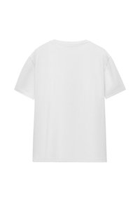 Ein schlichtes weißes T-Shirt mit kurzen Ärmeln, von hinten gezeigt, mit Rundhalsausschnitt und geradem Saum.