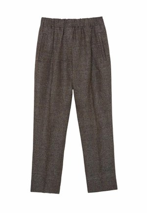 Hnedé textúrované zužujúce sa nohavice s elastickým pásom a bočnými vreckami na rozparku, navrhnuté pre bežné alebo poloforiálne nosenie.