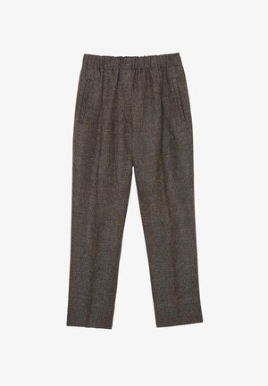 Brune teksturerede, indsnævrede bukser med elastisk taljebånd og sidelommer med slidser, designet til afslappet eller semi-formelt brug.