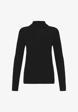 Pull à col roulé noir à manches longues avec col, poignets et ourlet côtelés, présenté sur un fond blanc.