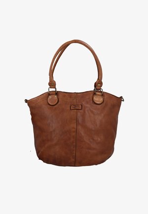 Braune Lederhandtasche mit zwei abgerundeten Griffen und einer gesteppten vertikalen Naht in der Mitte vor weißem Hintergrund.