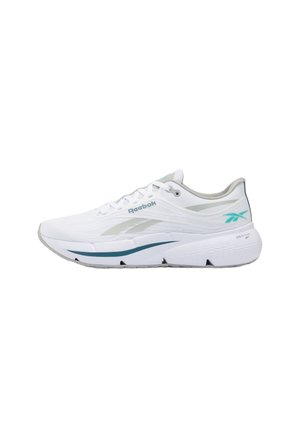 Zapatilla de running blanca de Reebok con detalles en azul turquesa, diseño ligero, suela acolchada y cierre con cordones, mostrada de lado sobre un fondo liso.