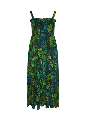 Mouwloze maxi-jurk met verstelbare bandjes, geplooide top en groene tropische bladprint op een zwarte achtergrond.