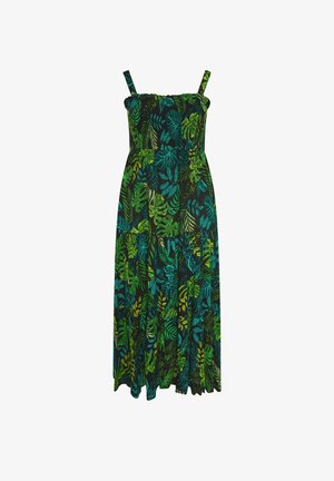 Mouwloze maxi-jurk met verstelbare bandjes, geplooide top en groene tropische bladprint op een zwarte achtergrond.