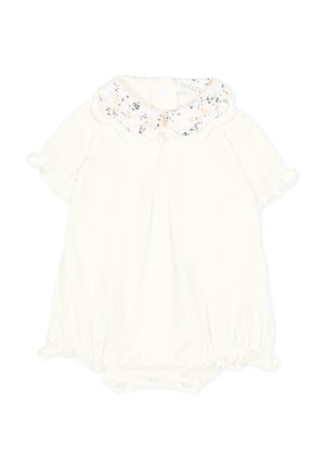 Combinaison bébé douce crème avec manches courtes, ouvertures de jambes à volants et col Claudine avec un petit motif floral.