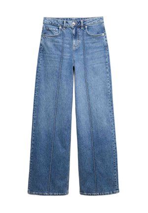 Bredde denimjeans i lyseblå, med knaplukning, fem lommer og kontrasterende syninger langs sømmene og kanterne.
