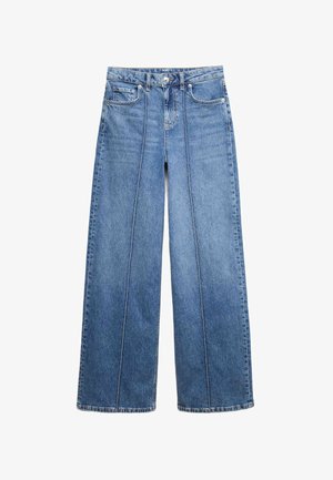 Lichte blauwe wijde denim jeans met een knoopsluiting, vijf zakken en contrasterende stiksels langs de naden en randen.