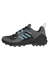 Schwarze und graue Trailschuhe mit einer strukturierten Oberseite, blauen Akzenten und einer robusten Laufsohle fürgriff. Ausgestattet mit GORE-TEX für Wasserdichtigkeit.