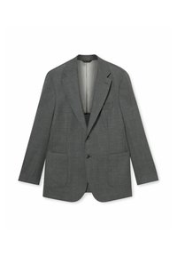 Grauer Blazer aus strukturiertem Stoff, mit Zwei-Knopf-Verschluss, Revers mit Kerbung und zwei vorderen Taschen.