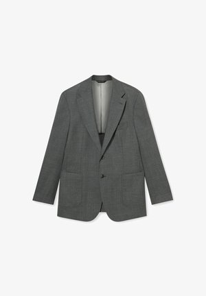 Blazer grigio in tessuto strutturato, con chiusura a due bottoni, rever a incasso e due tasche frontali.