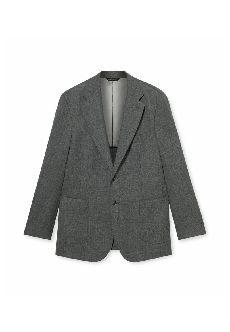 Grauer Blazer aus strukturiertem Stoff, mit Zwei-Knopf-Verschluss, Revers mit Kerbung und zwei vorderen Taschen.