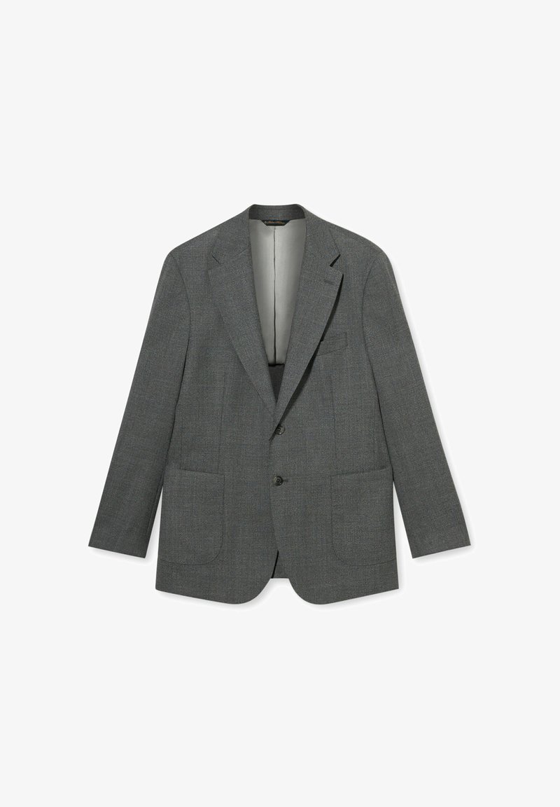 Grauer Blazer aus strukturiertem Stoff, mit Zwei-Knopf-Verschluss, Revers mit Kerbung und zwei vorderen Taschen.
