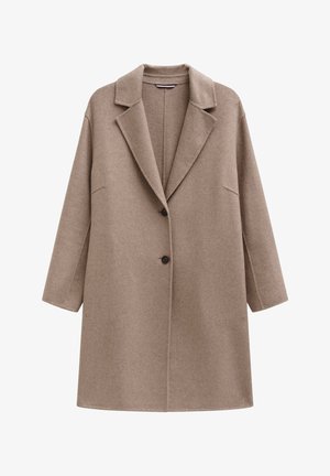 Long brown wool coat with a notched lapel, single button closure, and two side pockets. The fabric has a smooth, textured finish.