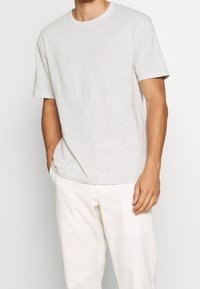 Lichtgrijze katoenen t-shirt met een ronde hals en korte mouwen, met een losse pasvorm en een gladde textuur, gedragen met crèmekleurige broeken.