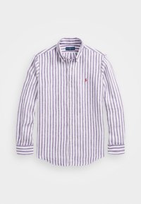 Skjorta med knappar i vitt och lila vertikala ränder, med krage, långa ärmar och liten röd logotyp på br östet. Strukturerad tyg.