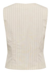 Top beige senza maniche con righe verticali in azzurro chiaro e arancione. Design aderente, texture liscia con scollatura alta e bordi puliti.