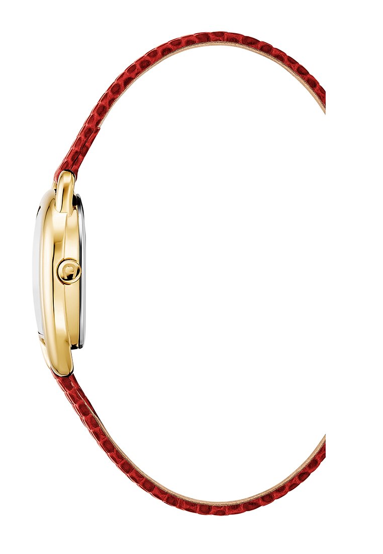 Goldfarbener runder Uhrengehäuse mit silbernem Zifferblatt, ausgestattet mit einem roten strukturierten Lederarmband. Die Seitenansicht zeigt ein markantes Kronsymbol.