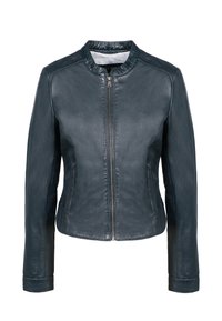 Giacca in pelle blu scuro con collo rotondo, chiusura frontale con zip e tasche laterali; texture liscia e design aderente.