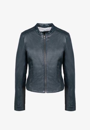 Mørk navy læderjakke med rund halsudskæring, lynlås foran og sidelommer; glat tekstur og tætsiddende design.