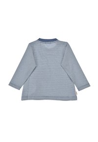 Gestreiftes Langarmhemd in Blau und Weiß mit einem einfarbigen blauen Kragen und Knopfdetails auf der Rückseite. Weicher Stoff mit lockerer Passform.