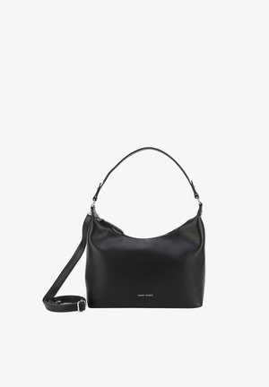 Borsa a tracolla in pelle nera con una forma curva, chiusura con zip superiore e tracolla regolabile con dettagli in argento.