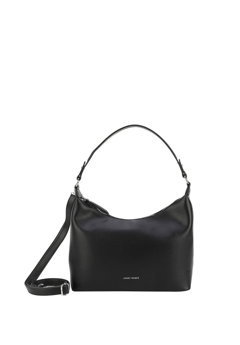 Borsa a tracolla in pelle nera con una forma curva, chiusura con zip superiore e tracolla regolabile con dettagli in argento.
