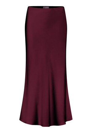 Jupe longueur sol en bordeaux, fabriquée en tissu lisse avec une taille ajustée et une silhouette évasée. Aucun motif ni ornement visible.