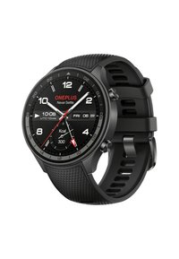 Runde Smartwatch mit einem schwarzen, strukturierten Silikonarmband, schwarzem Ziffernblatt, weißen und roten Akzenten sowie einem digitalen Display, das die Uhrzeit und Fitnessdaten anzeigt.