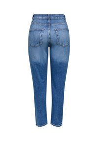 Jean en denim bleu vu de dos avec une taille haute, deux poches arrière et des jambes droites et fuselées sur fond blanc.