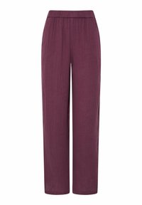 Pantalons amples à taille haute en bordeaux profond. Confectionnés en tissu texturé avec une taille élastique et des jambes droites.